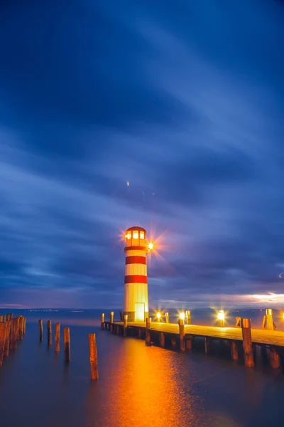 Maják Břehu Neziderského Jezera Podersdorf See Při Západu Slunce Burgenlandu — Stock fotografie