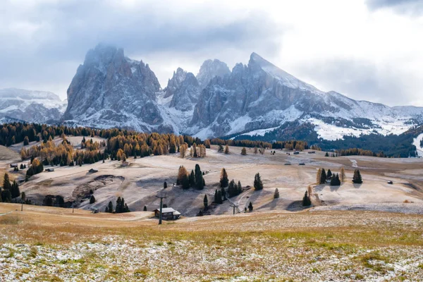 Alpe di Siusi или Seiser Alm с Сассолунго - гора Лангкофель — стоковое фото