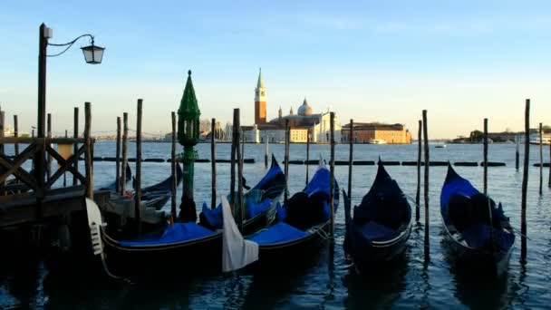 意大利 欧洲威尼斯大运河上的城市码头上停着一排贡多拉 — 图库视频影像