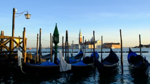 Fila Gôndolas Estacionadas Cais Cidade Grande Canal Veneza Itália Europa — Vídeo de Stock