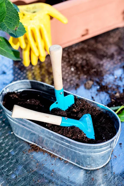 Equipamento Jardinagem Casa Uma Mesa Terraço — Fotografia de Stock