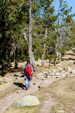 Sırt çantalı bir kadının orman yolunda yürüdüğünü gördüm.