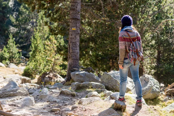 ウールキャップハイキングを身に着けているバックパッカーの女性のバックビュー — ストック写真