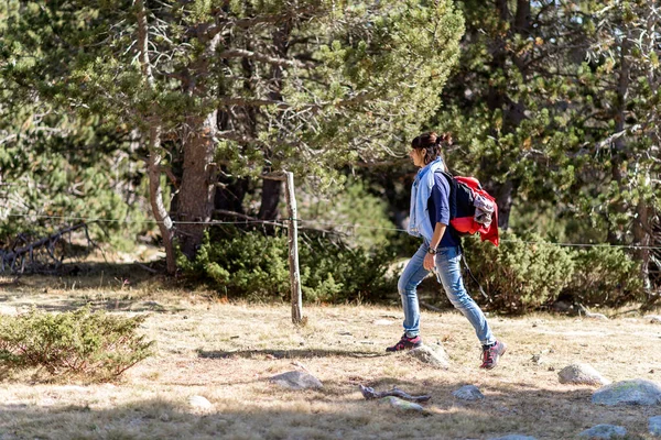 Πλευρική Άποψη Ενός Backpacker Γυναίκα Πεζοπορία — Φωτογραφία Αρχείου