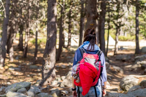 Back View Backpacker Woman Hiking — Stock fotografie