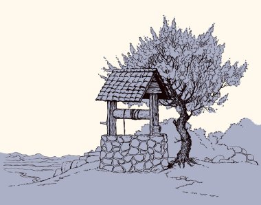 kuyunun yanında çiçekli ağaç
