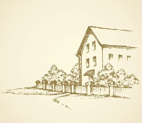 Antigua casa detrás de la cerca. Dibujo vectorial — Vector de stock