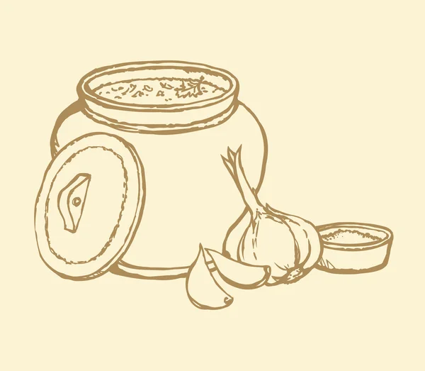 Vector sketch of Ukrainian lunch. Warm soup, bread, garlic — Stock Vector