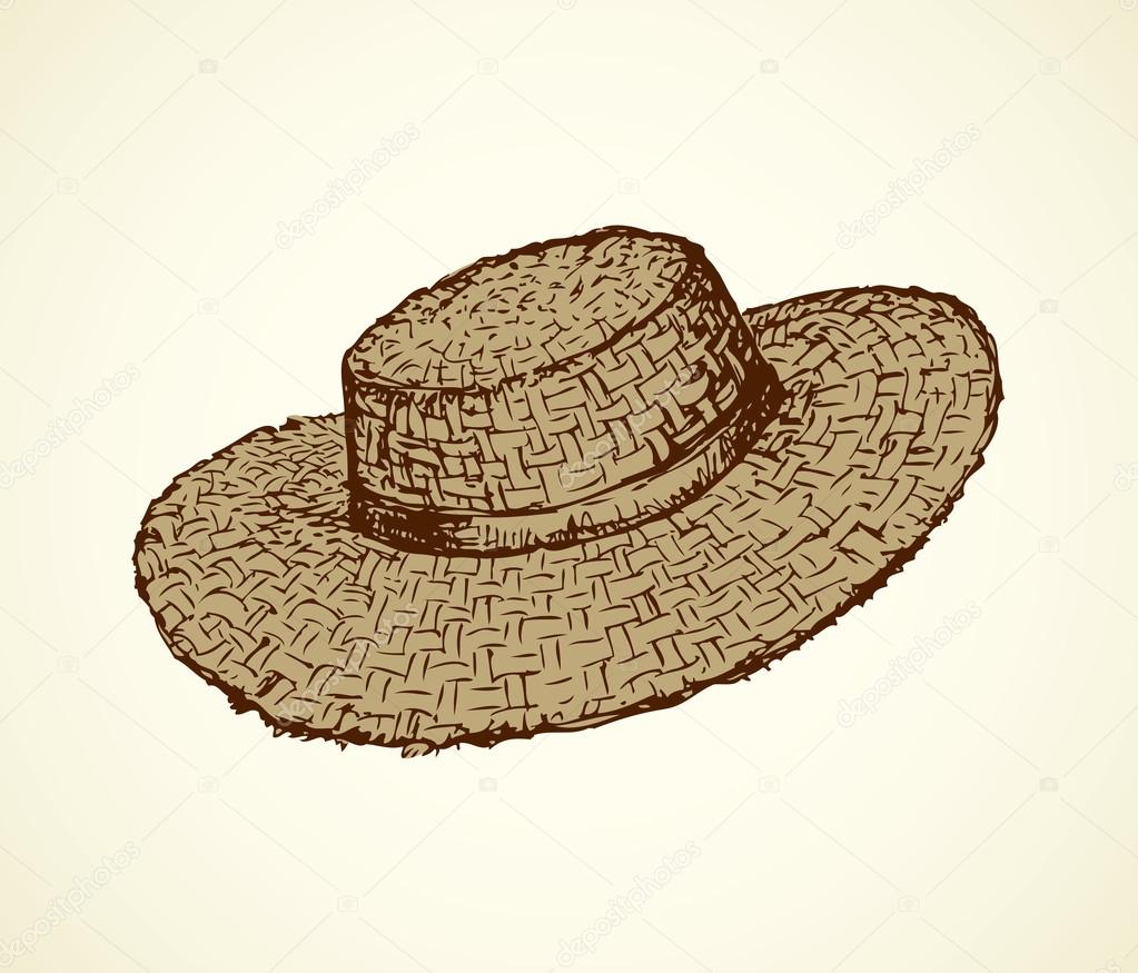 Vector monochrome line drawing of a straw hat