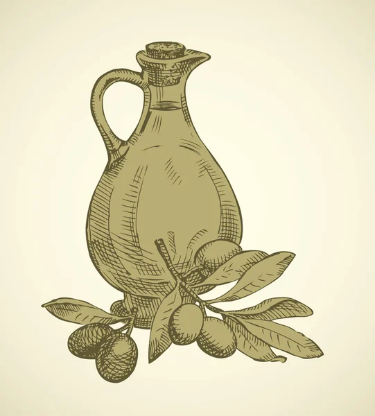 Natureza morta de óleo de azeitona em um jarro e ramos de azeitonas frescas —  Vetores de Stock