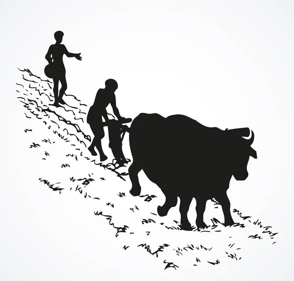 Dibujo vectorial. Agricultura primitiva. Campesinos tratados campo — Archivo Imágenes Vectoriales