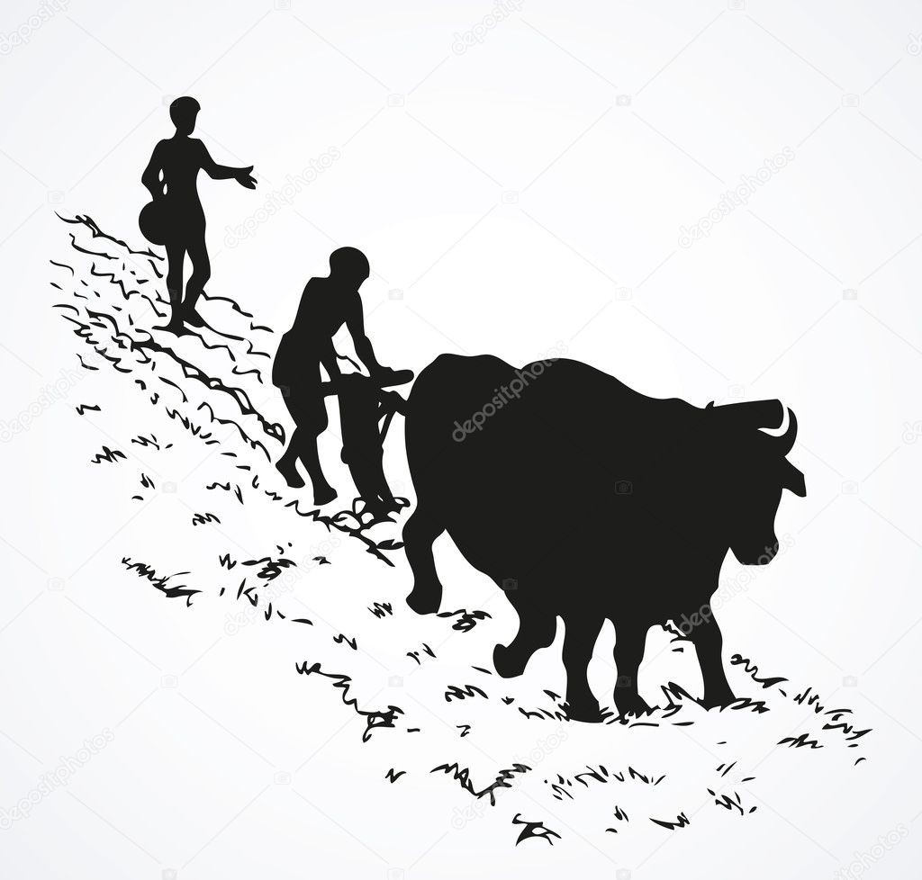 Vector drawing. Primitive agriculture. Peasants treated field — Stock ...