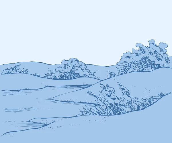 Boceto vectorial. Paisaje forestal de invierno con río congelado — Vector de stock