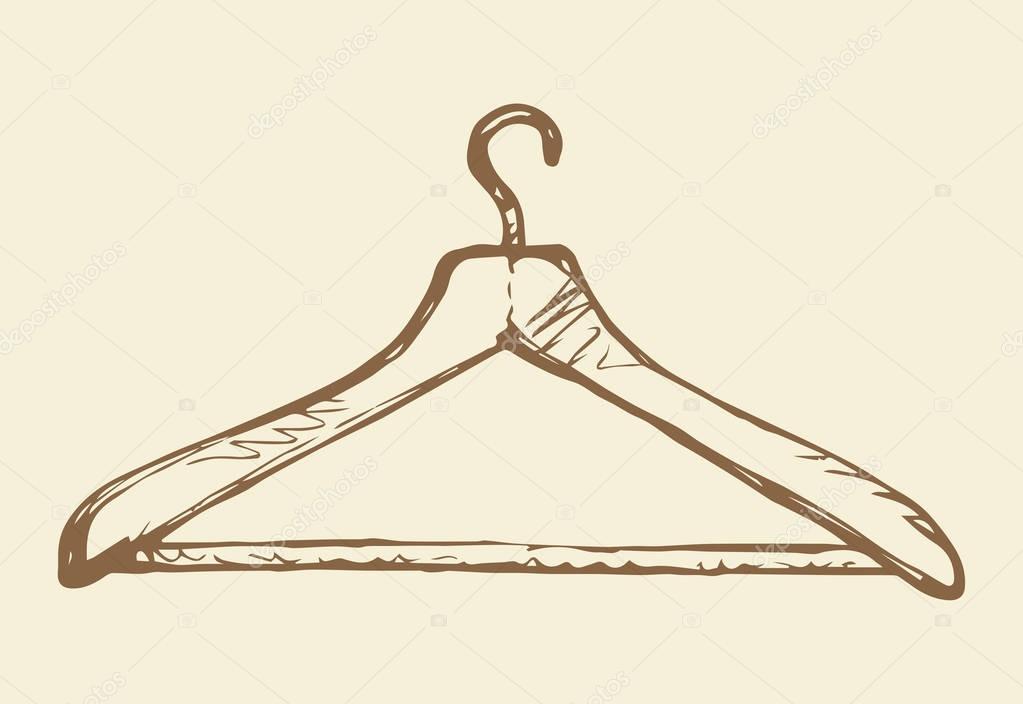 Old plastic shoulder for shirt, dress, coat isolated on white backdrop. Freehand outline black ink hand drawn picture sketchy in art retro scribble style pen on paper. View closeup with space for text