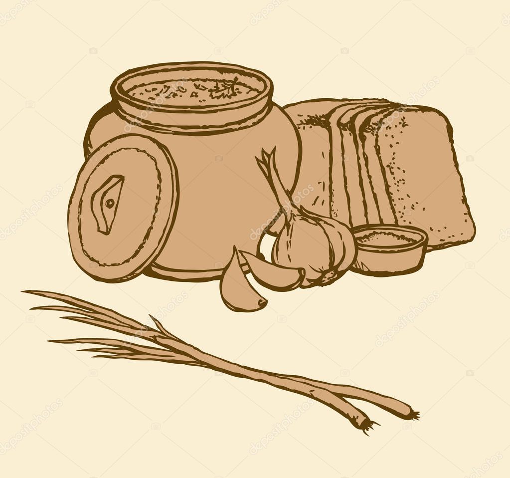Vector sketch of Ukrainian lunch. Warm soup, bread, garlic — Stock