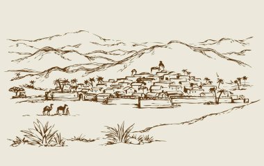 Şehir bir çölde. Vektör çizim