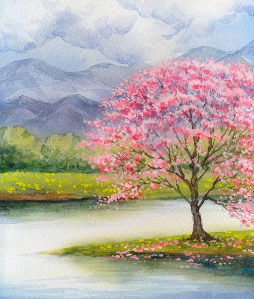 Акварельный пейзаж. Цветущее розовое дерево у озера — стоковое фото