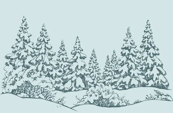 Schizzo vettoriale. Paesaggio forestale invernale con fiume congelato — Vettoriale Stock