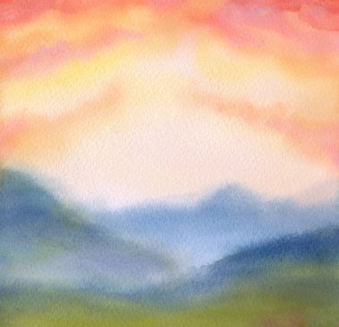 Suluboya manzara. Dağların üzerinden günbatımı