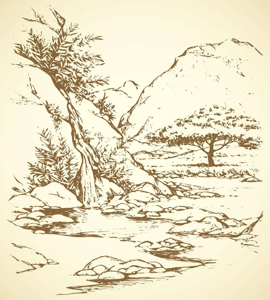 Vektorlandschaft. Baum in der Nähe eines Gebirgsbaches — Stockvektor