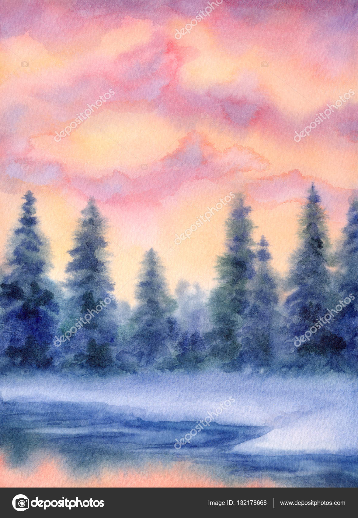 Disegno acquerello colorato brillante lavoro manuale impreciso su sfondo di carta con spazio per testo Tramonto di inverno tranquillo