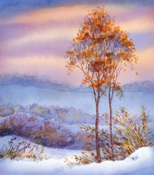 Aquarell Winterlandschaft. Schneebedecktes Tal und Bäume — Stockfoto