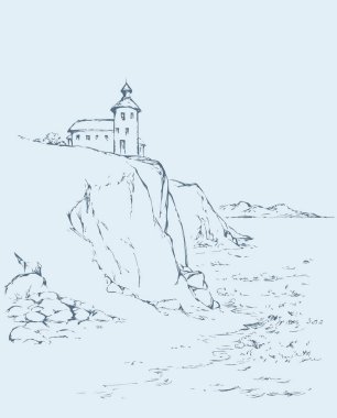 Bir kayanın üzerinde deniz feneri. Vektör çizim