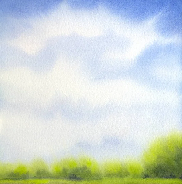 Paysage aquarelle. Nuages blancs sur ciel bleu au-dessus du lac — Photo