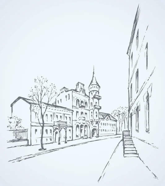Calle del casco antiguo. Dibujo vectorial — Vector de stock