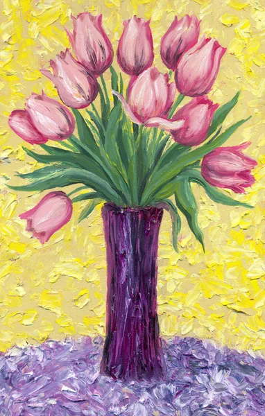Stillleben Öl. Strauß rosa Tulpen in hoher Vase — Stockfoto