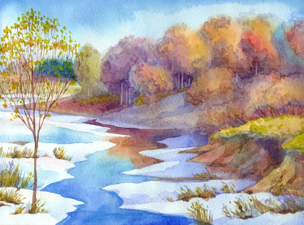 Река в лесной долине зимний день. Акварель — стоковое фото