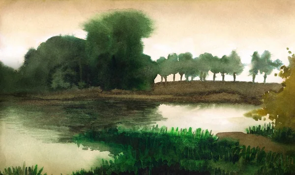 Suluboya manzara. Sakin göl kıyısında ağaçlar — Stok fotoğraf