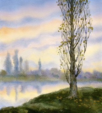 Suluboya manzara. Sessiz nehir, sonbahar kavak