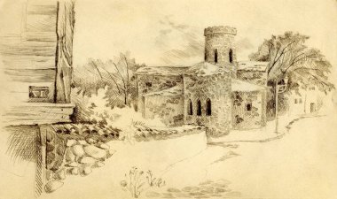 karakalem. Cityscape eski kilise