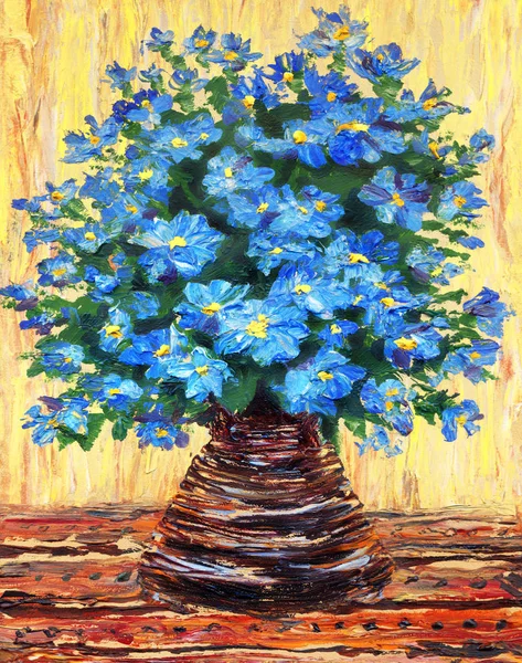 Peinture à l'huile nature morte. Bouquet de fleurs bleues dans un vase — Photo