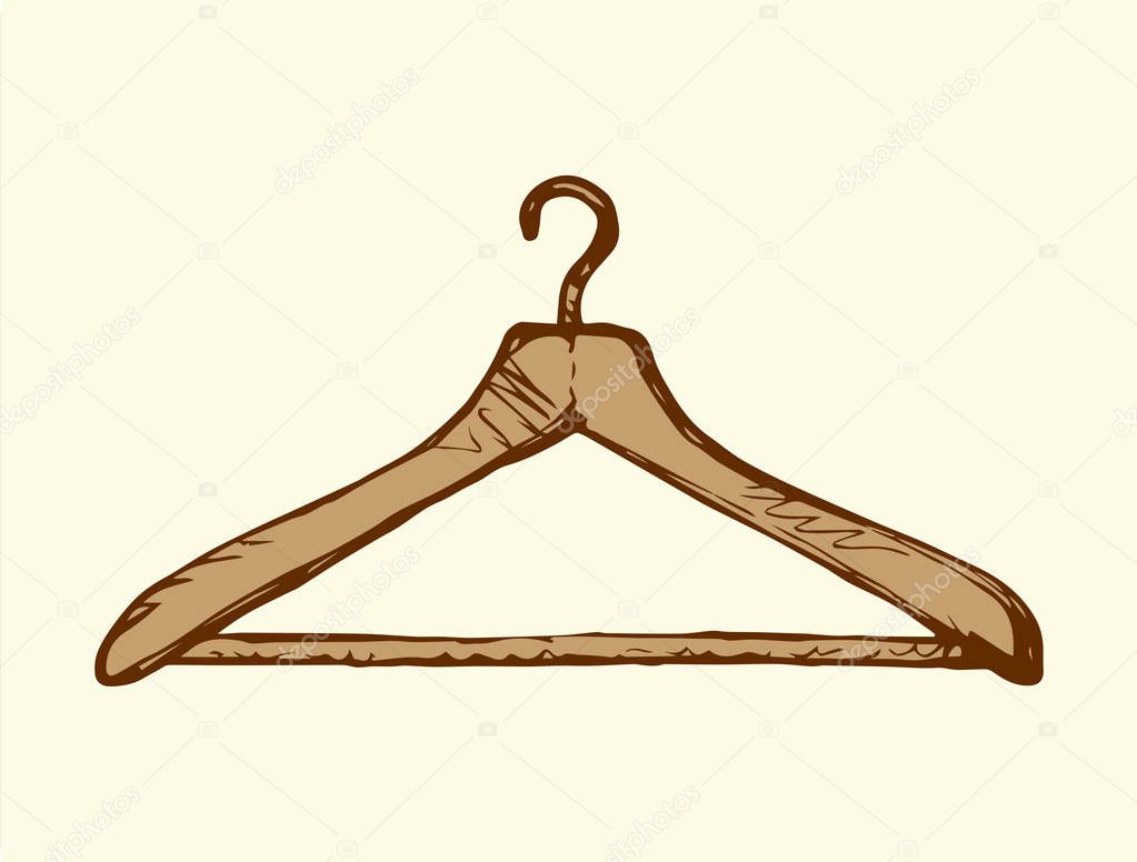Old plastic shoulder for shirt, dress, coat isolated on white backdrop. Freehand outline black ink hand drawn picture sketchy in art retro scribble style pen on paper. View closeup with space for text