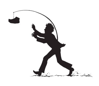 Man chasing money over a precipice. Vector drawing clipart