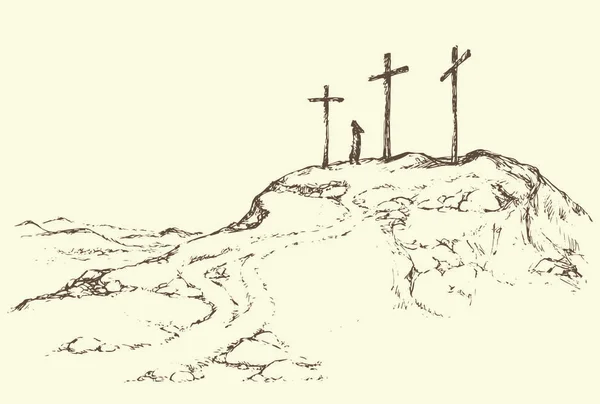 Три хрести стоять на фоні світлого неба — стоковий вектор
