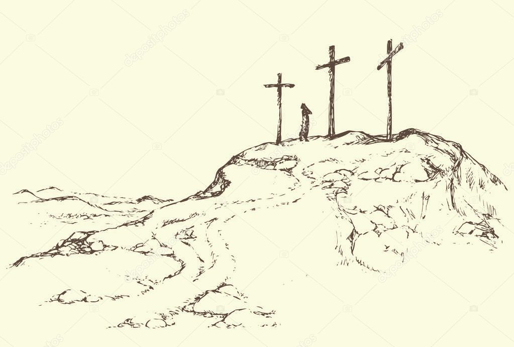 Three crosses stand on  light sky backdrop
