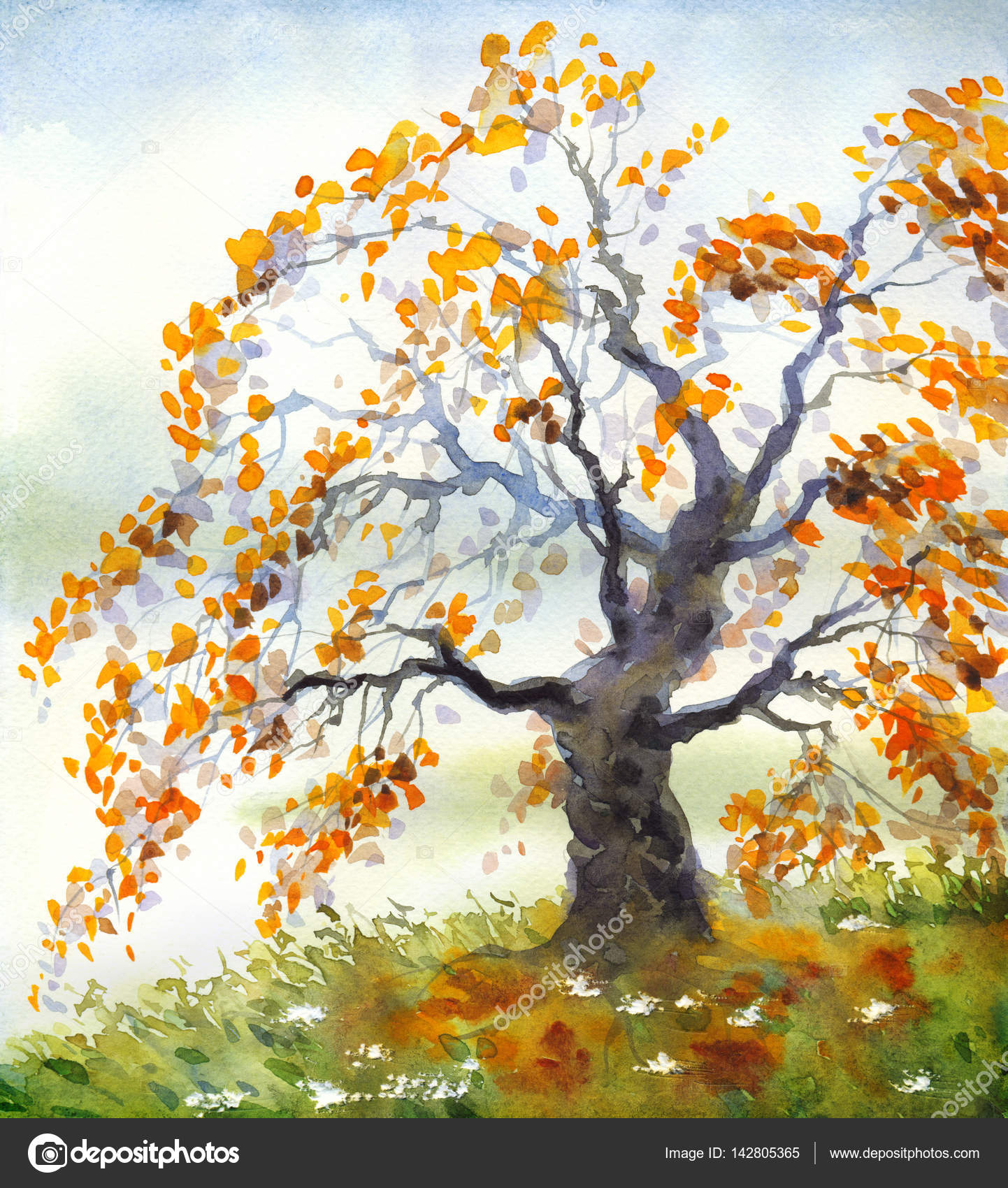 Paesaggio ad acquerello vecchio albero d autunno in una giornata nebbiosa — Foto Stock Schizzo di acquerello disegnato mano luminoso colorato disegno