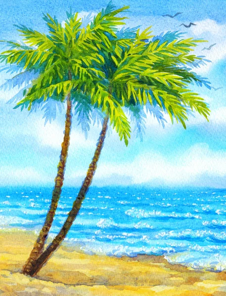 Akvarel krajiny. Vysokých palem na písečné pláži — Stock fotografie