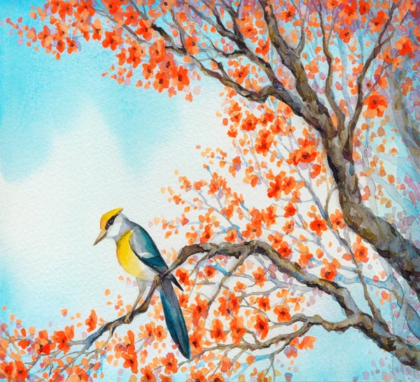 Beautiful bird on flowering branch. Watercolor painting — Stock Photo, Image