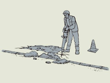 vektör çizimi. roadworks. İnşaat işçisi matkap ile 