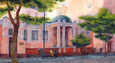 suluboya cityscape. gölgeli lane üzerinde güzel pembe ev