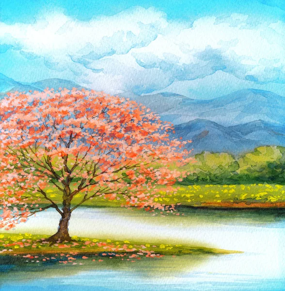 Watercolor landscape. Flowering pink tree by lake