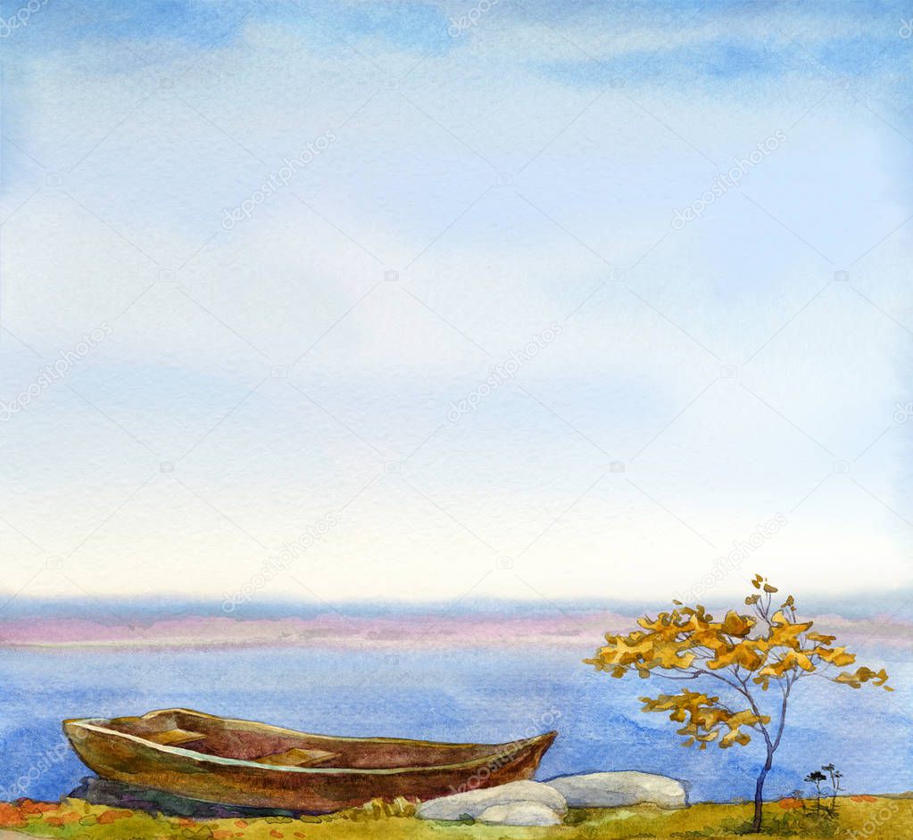 Watercolor background with autumn landscape