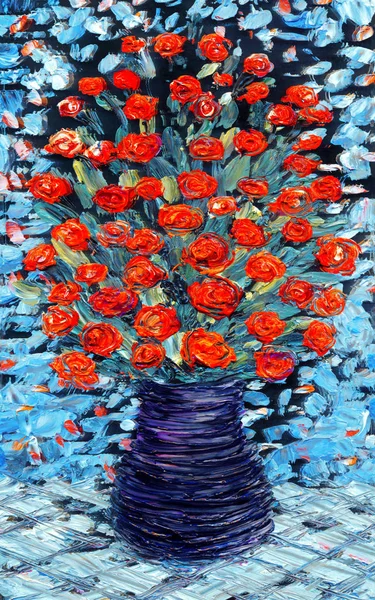 Huile de la nature morte. Bouquet de fleurs rouges sur fond bleu — Photo