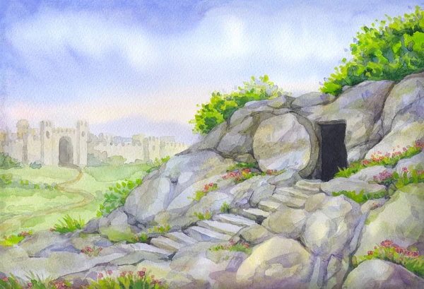 Open empty tomb. Watercolor painting — Stock Photo, Image