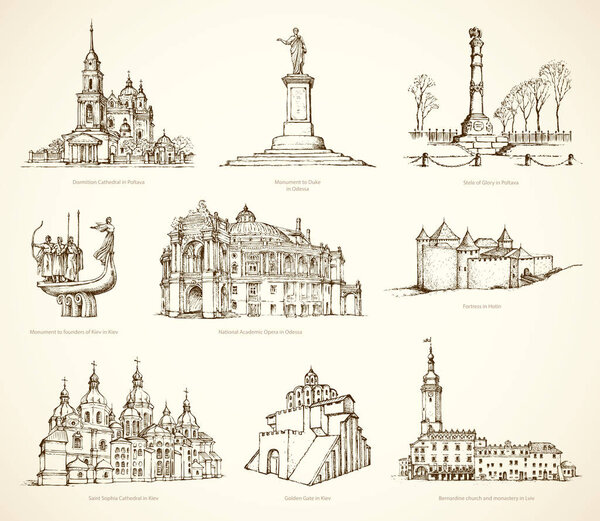 Ukrainian famous historical monuments. Vector sketch