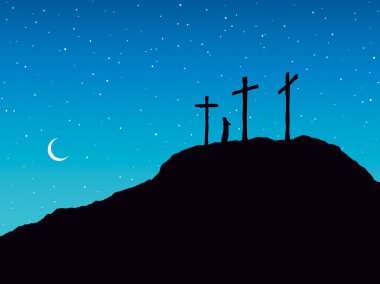 Three crosses stand on  light sky backdrop clipart